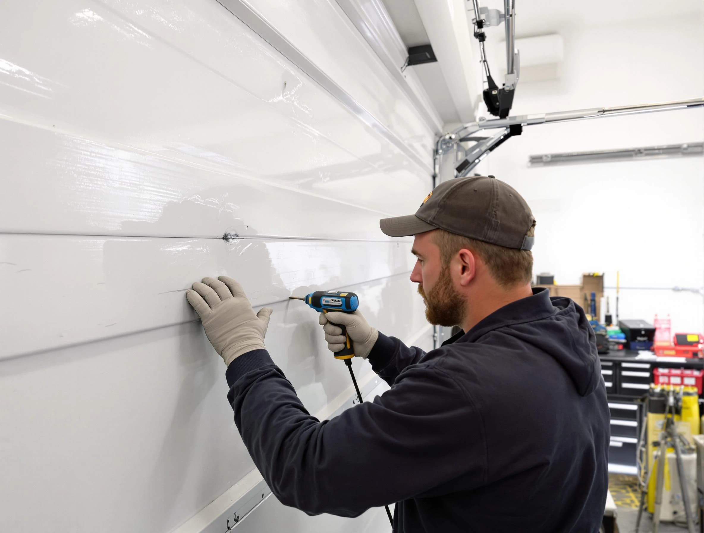 Colonial Beach Garage Door Repair technician demonstrating precision dent removal techniques on a Colonial Beach garage door